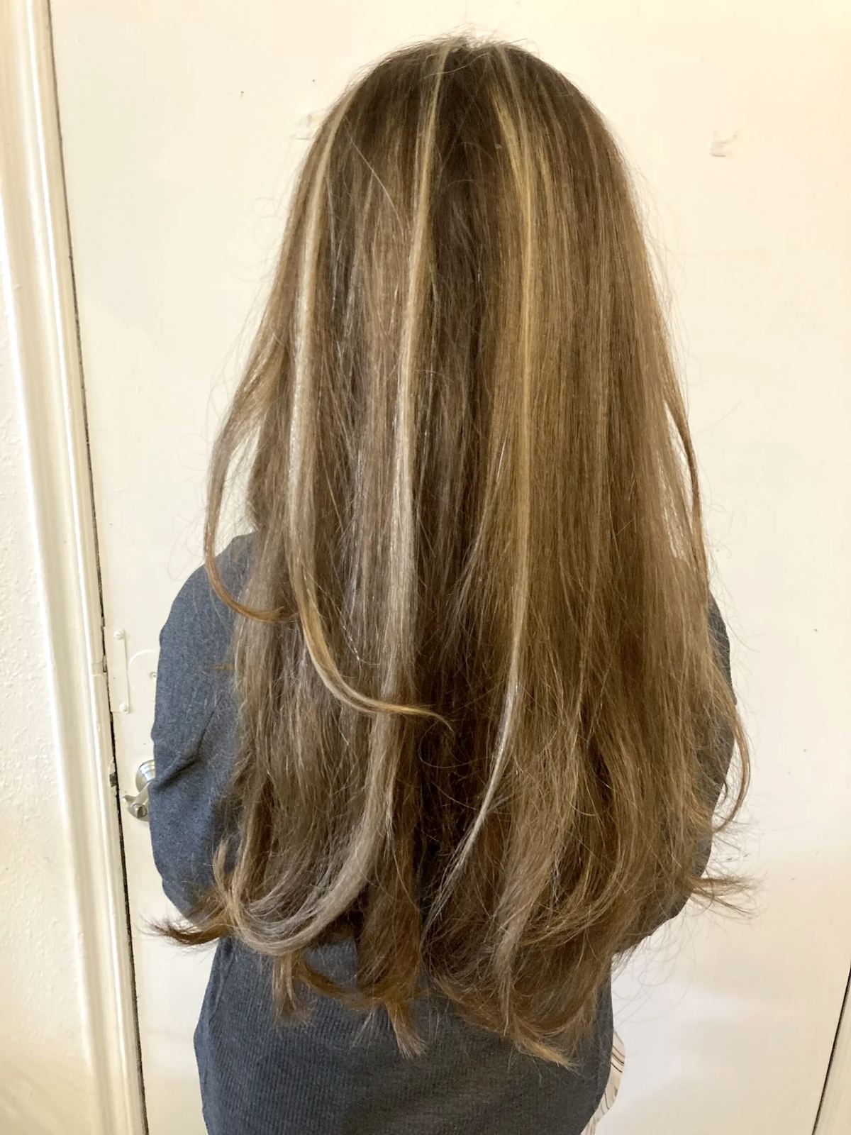 Long straight hair with blonde highlights