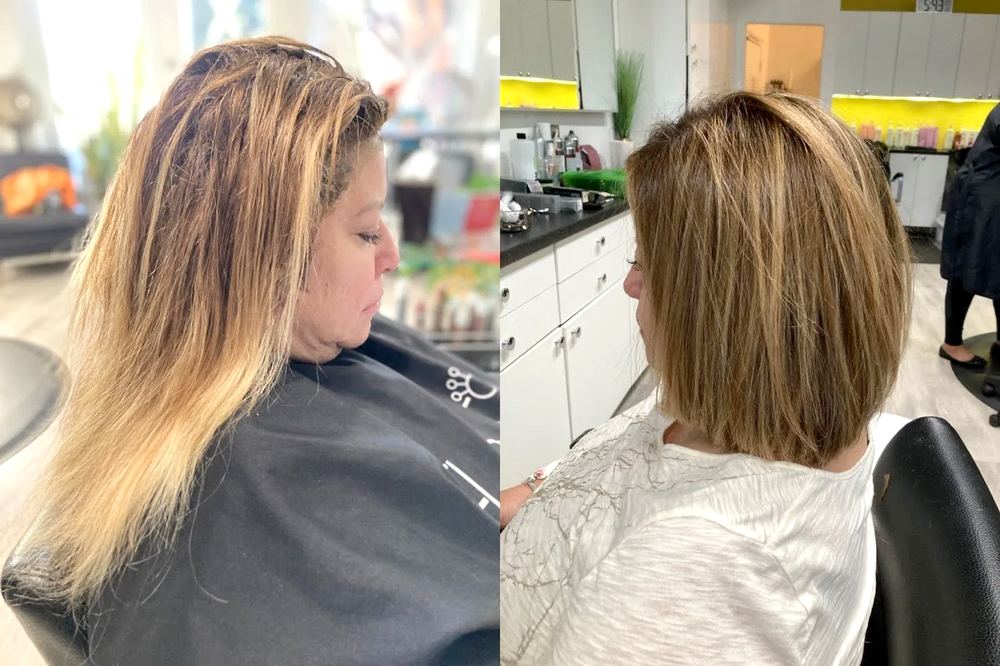Before and after: long textured hair to a polished brown bob with highlights