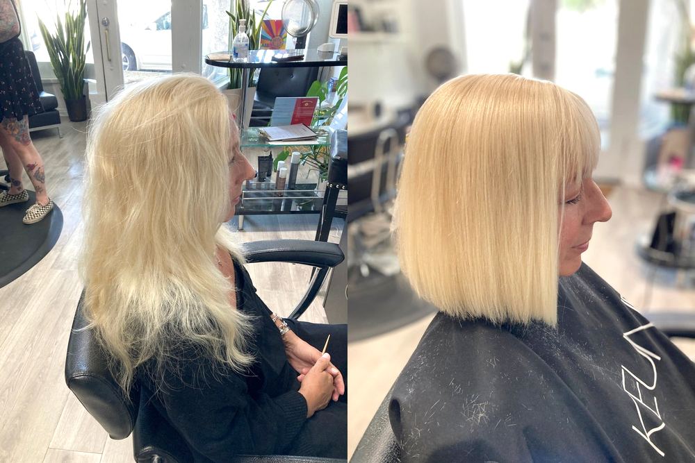 Before and after: long blonde hair to a platinum blunt bob with bangs