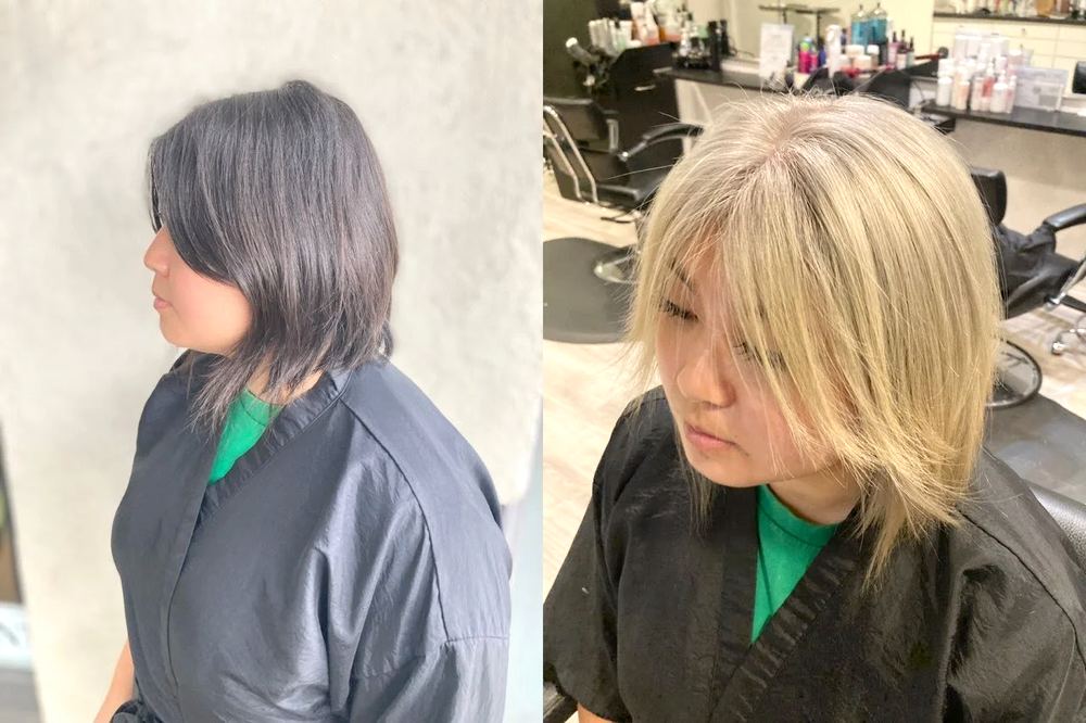Before and after: dark smoky purple bob to a bright layered blonde