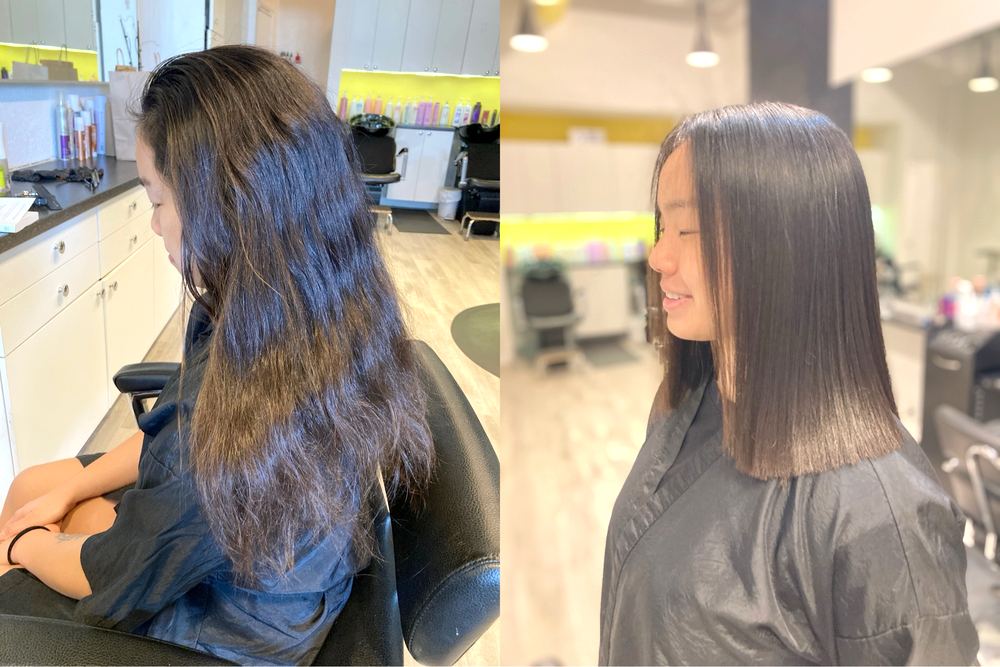 Before and after: frizzy wavy hair smoothed into a sleek, glossy keratin finish