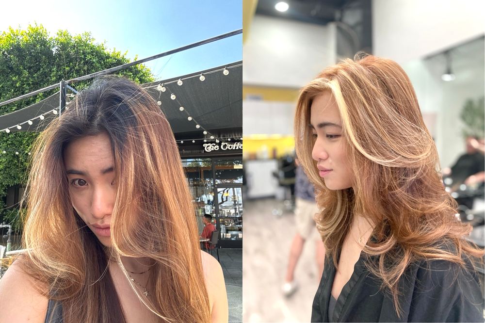 Before and after: dark brown hair transformed into golden light brown with chunky platinum money-piece highlights