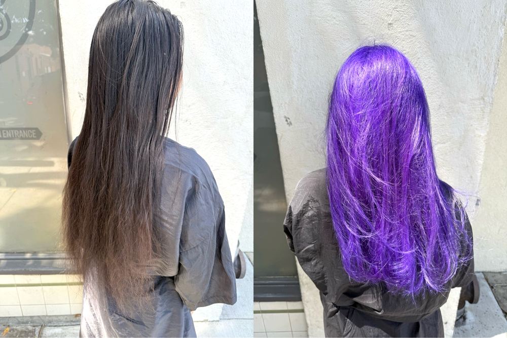 Before and after: dark brown hair bleached and toned into a vibrant purple