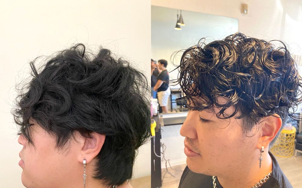 Before and after: men's hair transformed into a loose curly perm with an undercut